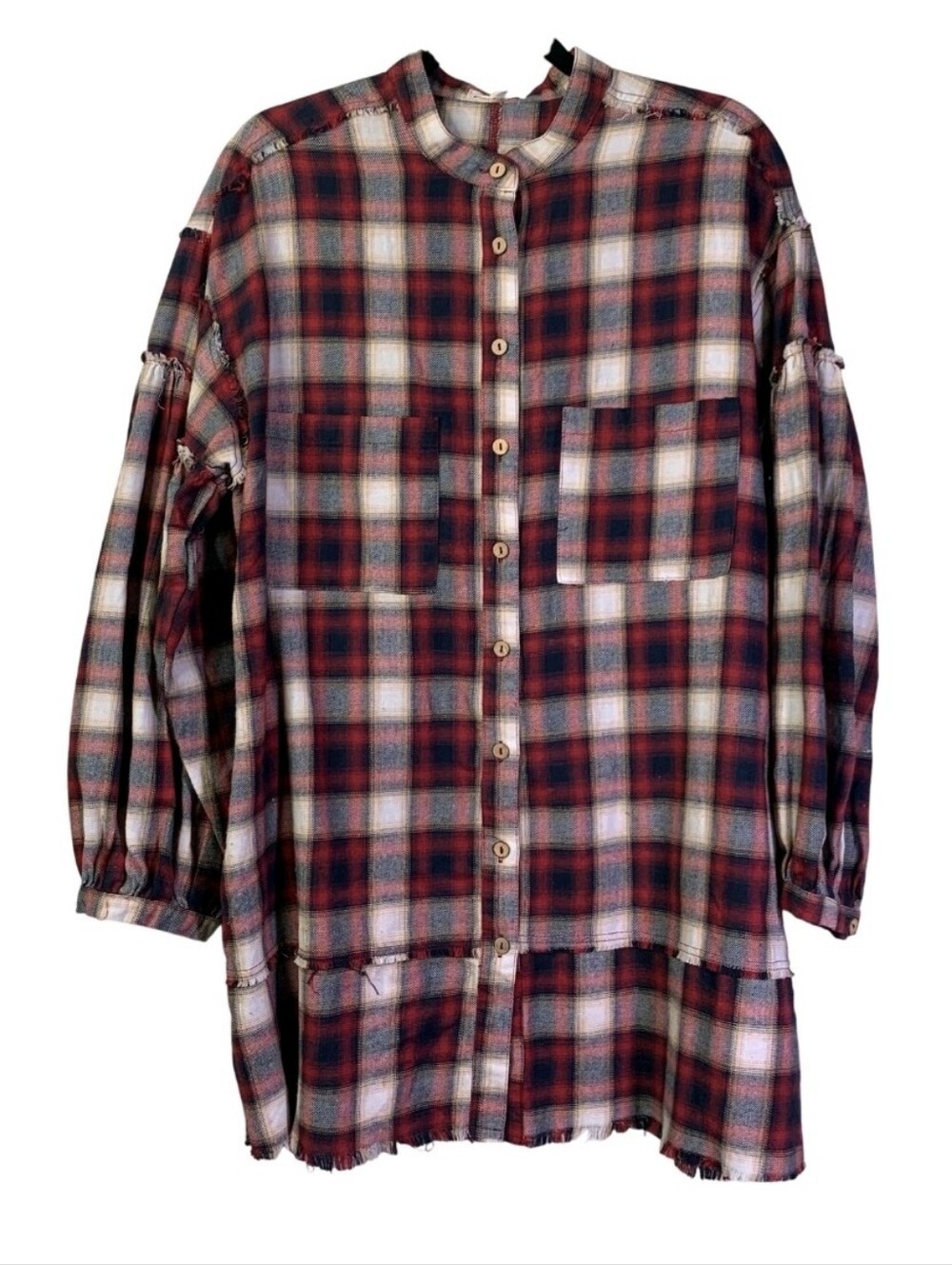 EASEL-Bohemian Los Angelos Frayed Edges Plaid Button Up Oversized Shirt Dress Sm